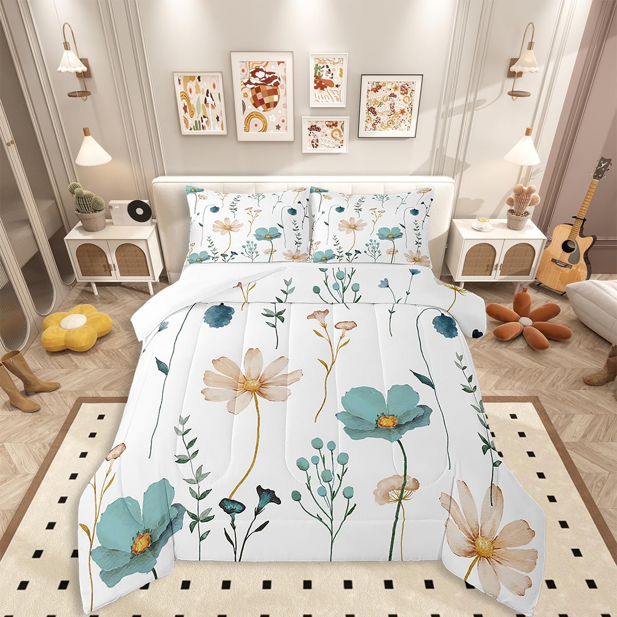 Erosebridal Watercolor Floral Bedding Set King, Teal Beige Flower Comforter Set for Girls Teens Women, Modern Minimalist White Down Comforter Pastoral