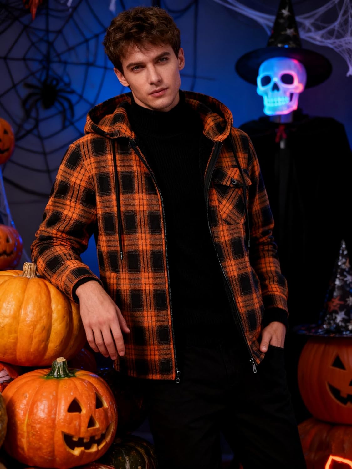 ZITY Mens Cotton Plaid Shirts Jacket Flannel Fleece Lined Hoodies Sherpa Zip Up Hoodie with Pocket - Image 2