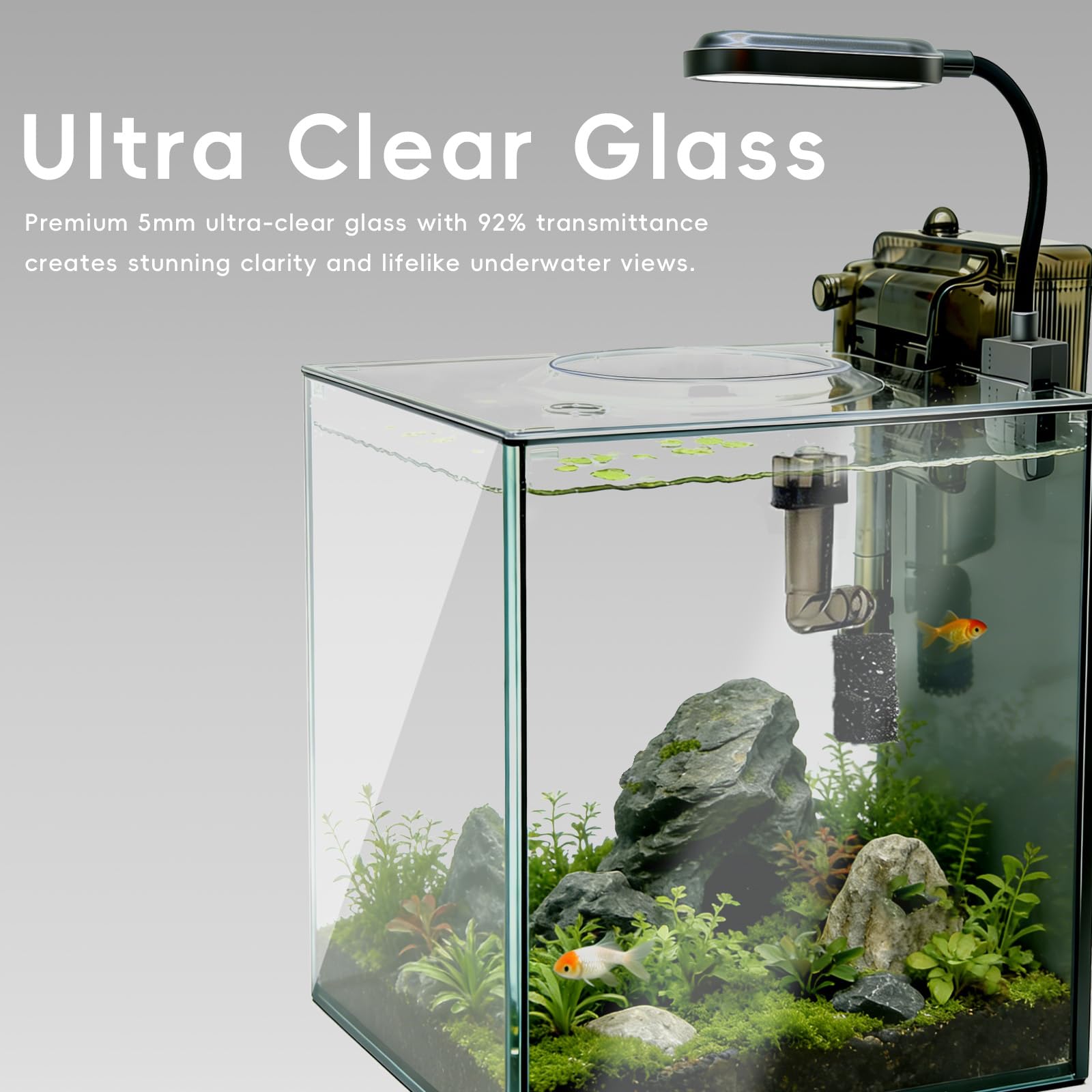 Kit de nano acuario de 2.1 galones con tapa, filtro para colgar que ahorra espacio y luz LED, tanque de peces de escritorio de vidrio ultra transparente sin montura para peces pequeños