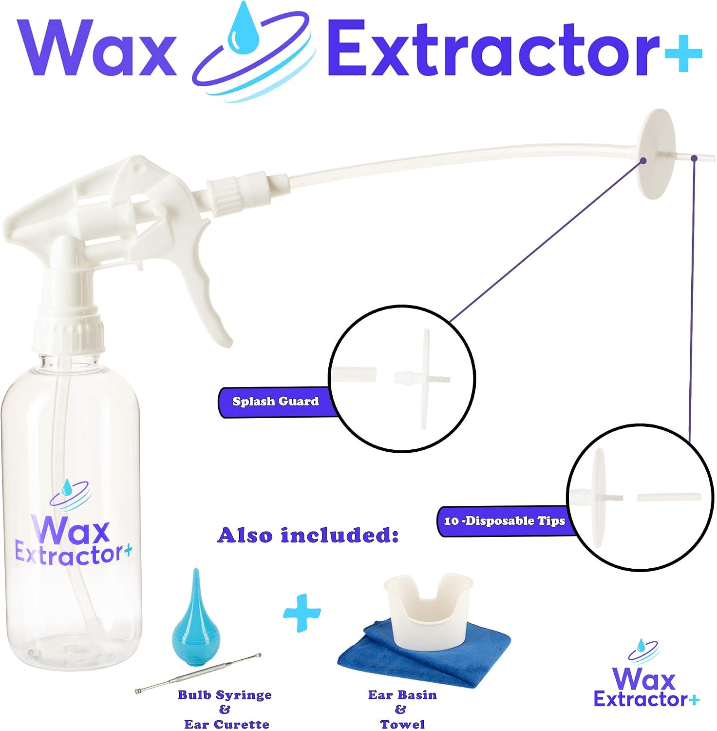 Ear Wax Removal Tool Kit - Earwax Remover Irrigation Cleaner - Flush System Adults & Kids - Cleaning and Flushing Kit Wash & Clean Ears - 10 Disposable Tips/Towel/Basin/Curette/Bulb Syringe