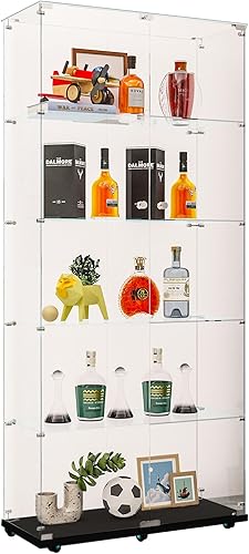 Miniatura 190 de Vitrina de cristal con 4 estantes con tira de luces LED y cerradura, vitrina de vitrina con ruedas y 1 puerta, vitrina de vidrio templado para sala