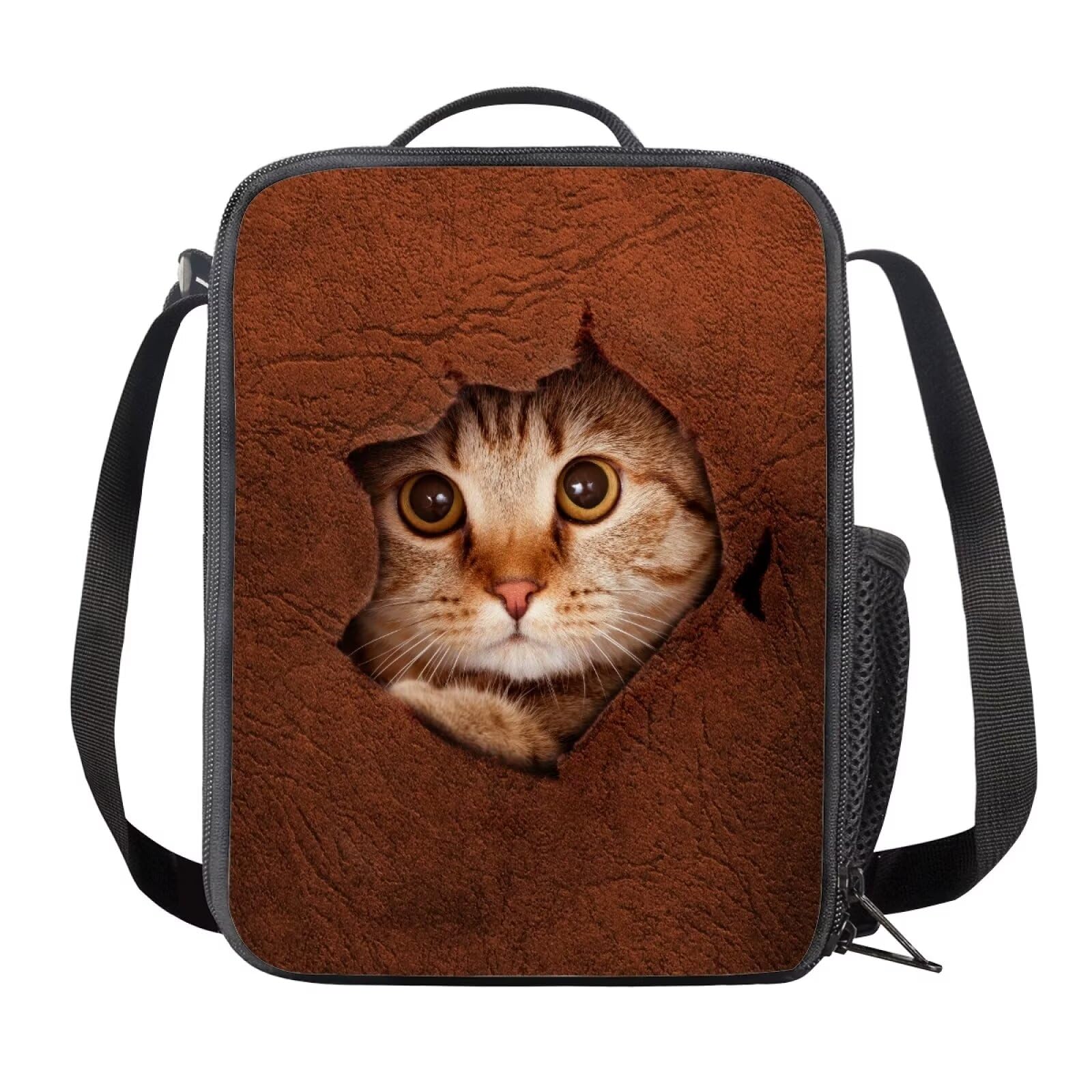 Amzbeauty Cute Cat Lunch Box for School Girls Boys Kids Square Porble Insulated Cat Lunch Box with Shoulder Strap,Brown