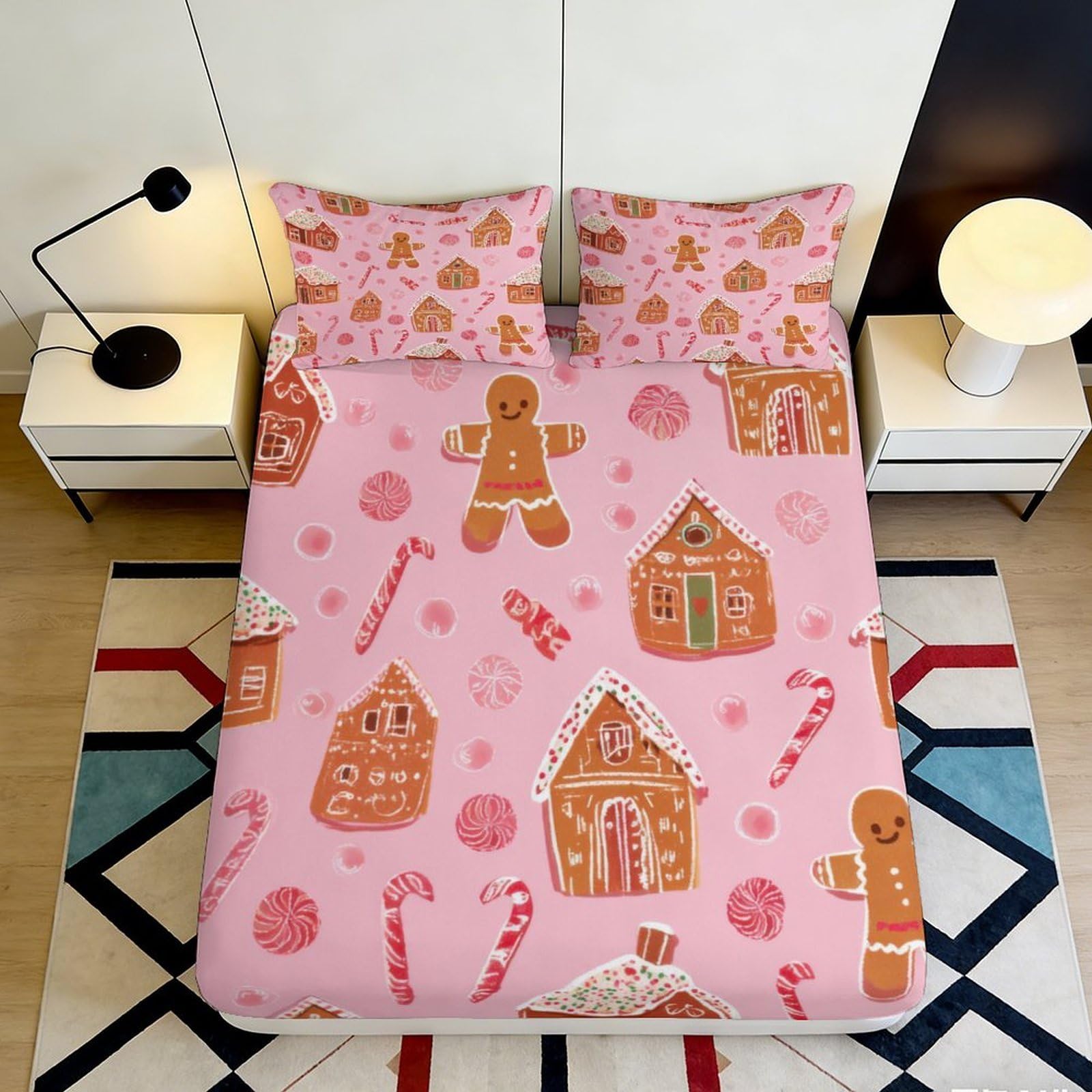 3D Printed Gingerbread Theme Fitted Sheet Microfiber Non-Slip Elastic Hem Gingerbread Mattress Fitted Cover Deep Pocket Washable 90x200x25cm