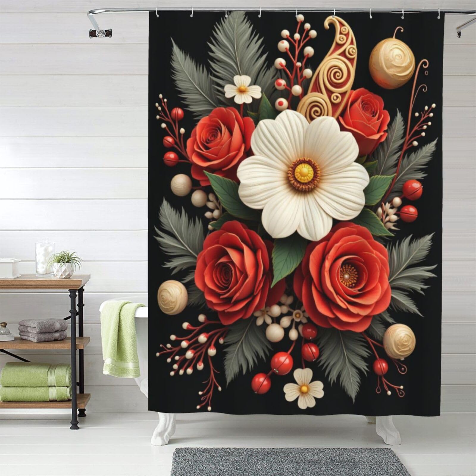 Rideau de douche moderne lavable en machine en tissu résistant bouquet 76