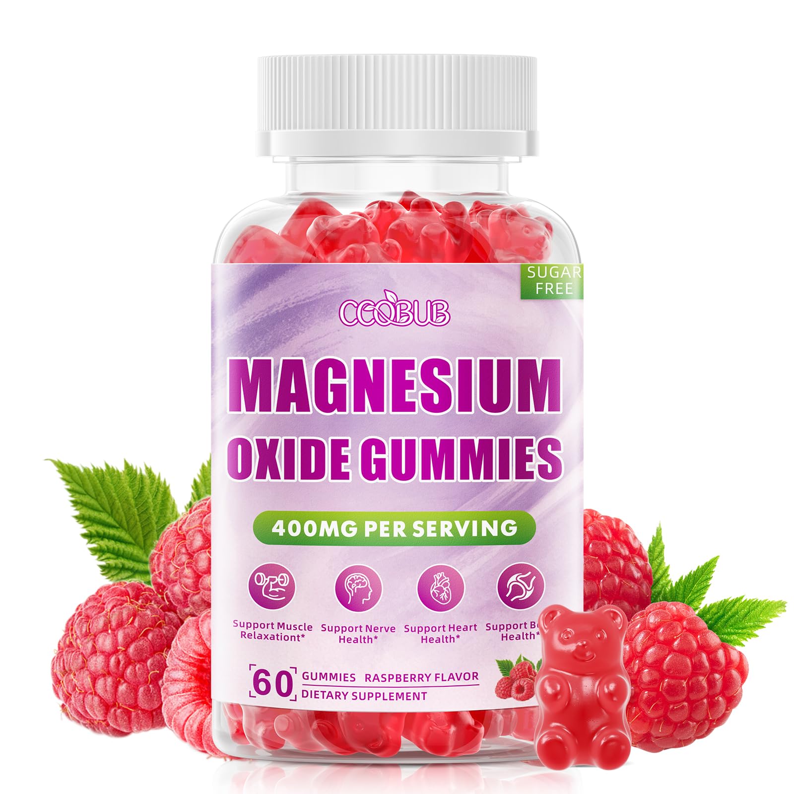 Magnesium Oxide Gummies 400mg, Sugar-Free, Raspberry Flavor, 60 Counts