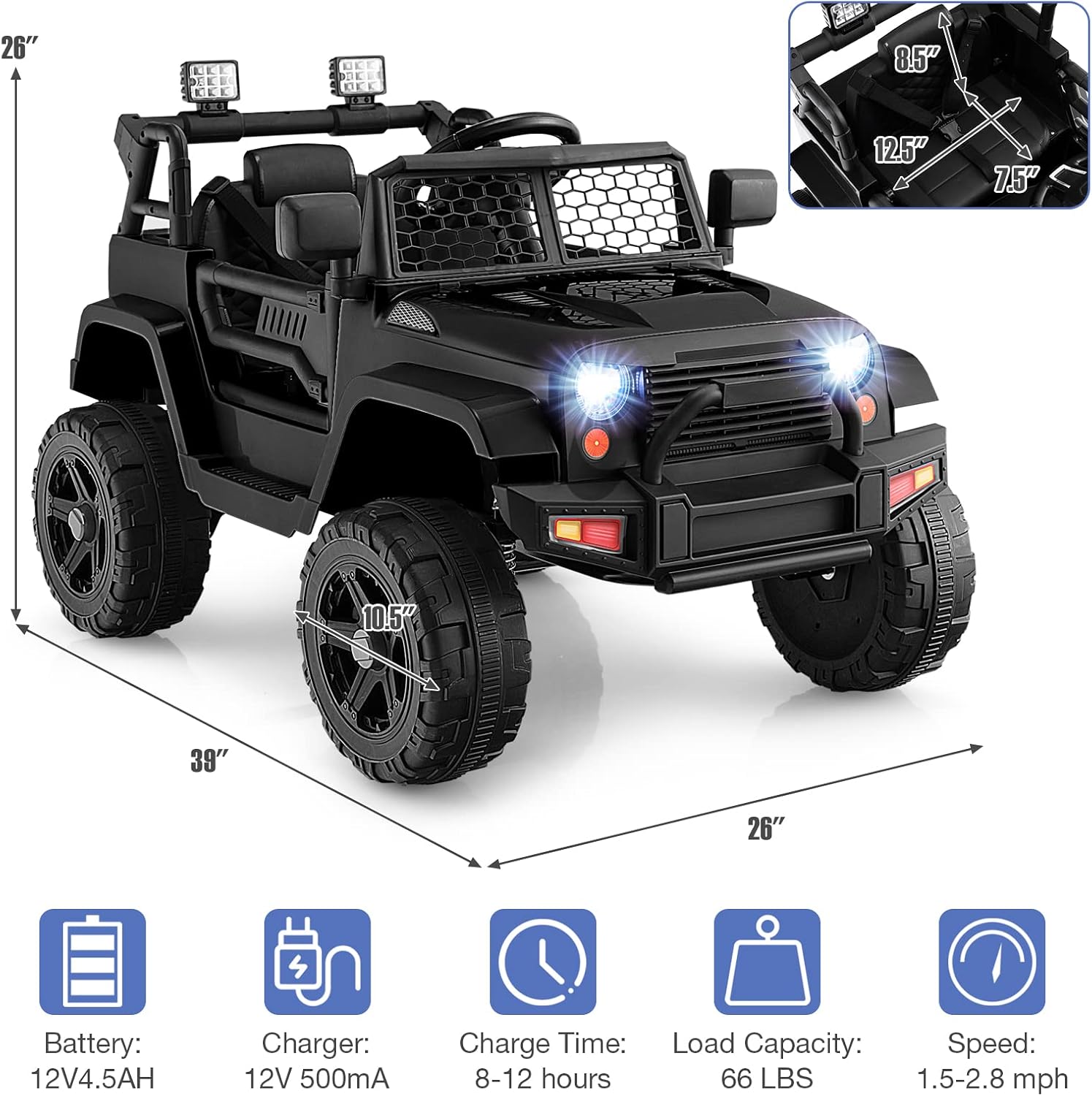 HONEY JOY Ride On Truck, 12V Battery Powered Vehicle Ride On Car with Remote Control, Spring Suspension, Headlights, Music, Mesh Windshield, Electric Cars for Kids, Gift for Boys Girls 3+ (Black)