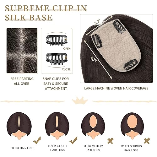 Miniatura 3 de Hairro Toppers de cabello humano real para mujer, piezas de cabello Remy con clip, densidad del 130%, base de seda de 3.2 x 4.7 pulgadas con