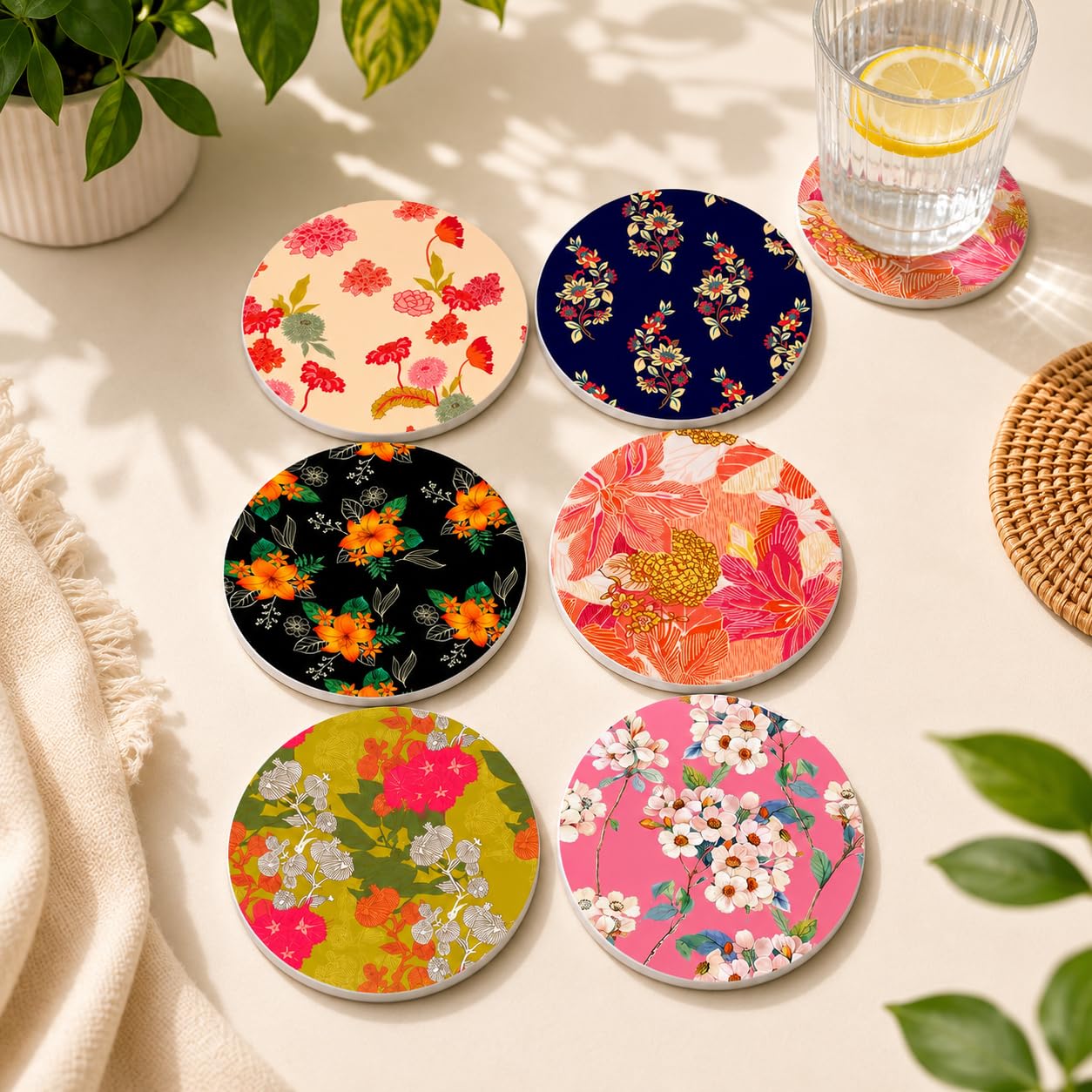 TAJNAN Printed Coaster Set of 6 Beautiful Wooden Coasters Plastic Coating Designer Coaster Stand Set Fit for Tea Cups,Coffee Mugs & Glasses (Round 4x4 Inch) (TAJ-Round-Coaster-Flower)-image-33