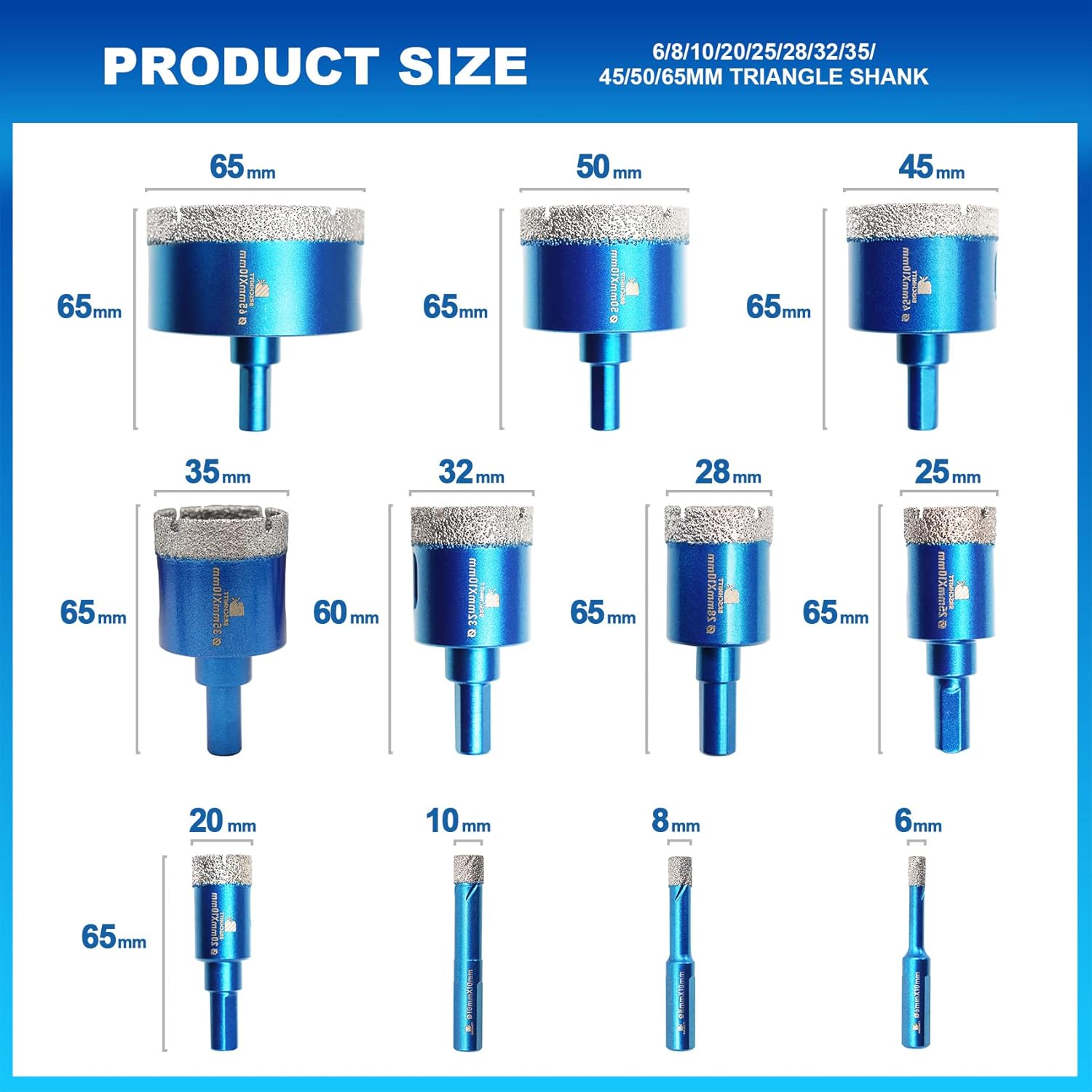 Diamond Core Drill Bit Set - BRSCHNITT Hole Saw Kit for Porcelain Tile Ceramic Marble Granite Drilling, 11pcs Bits with Triangle Shank（6/8/10/20/25/28/32/35/45/50/65mm）, KIT3, BDB54911405R103