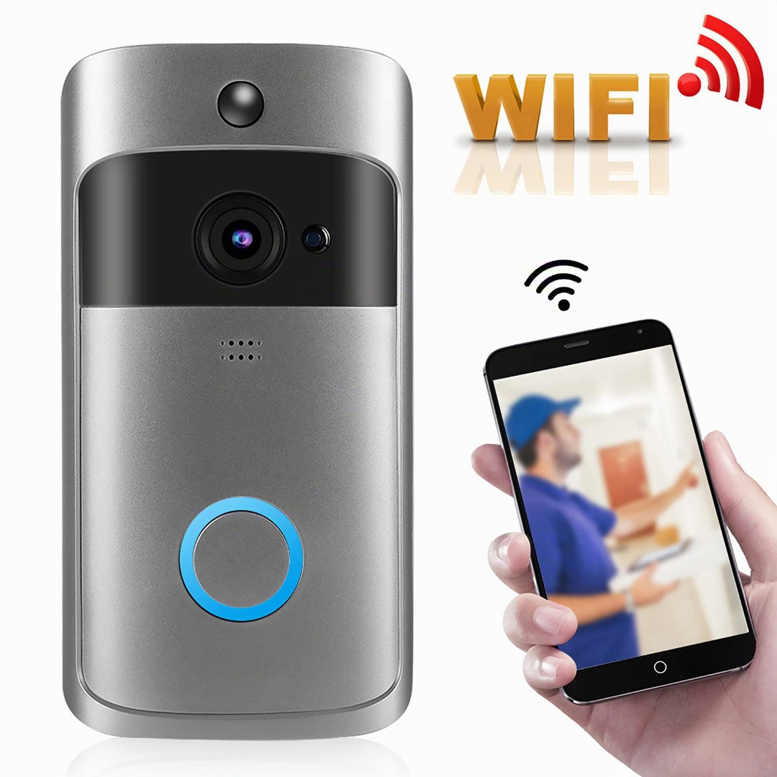 Cámara de timbre con video WiFi,timbre de seguridad para el hogar inalámbrico HD,cámara con sistema de interfono, detección de movimiento PIR de soporte/audio bidireccional/visión nocturna/gran