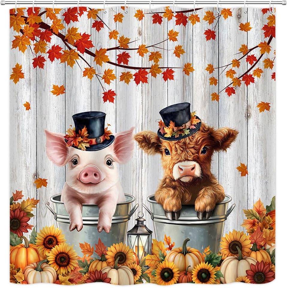 Fall Highland Cow Shower Curtain Autumn Thanksgiving Pumpkin Maple Leaves Rustic Farmhouse Calf Pig Polyester Curtains Bathroom Decor with Hooks 78" Wx70 H