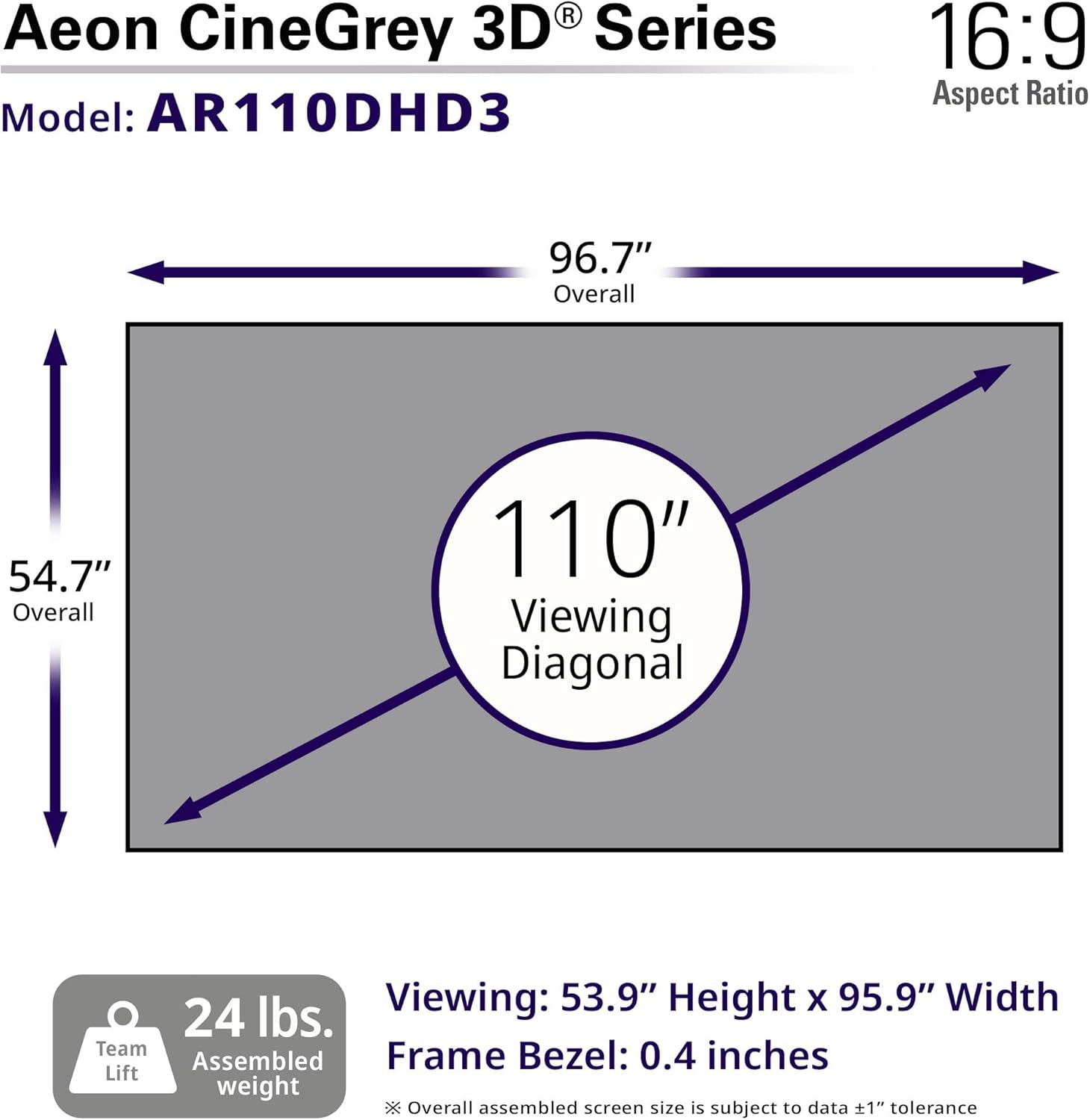 Elite Screens Aeon CineGrey 3D, 110" Fixed Frame CLR/ALR Projector Screen 16:9, Standard Throw Projection, Edge Free Ceiling & Ambient Light Rejecting, Wall-Mounted, for Movie Home Theater, AR110DHD3