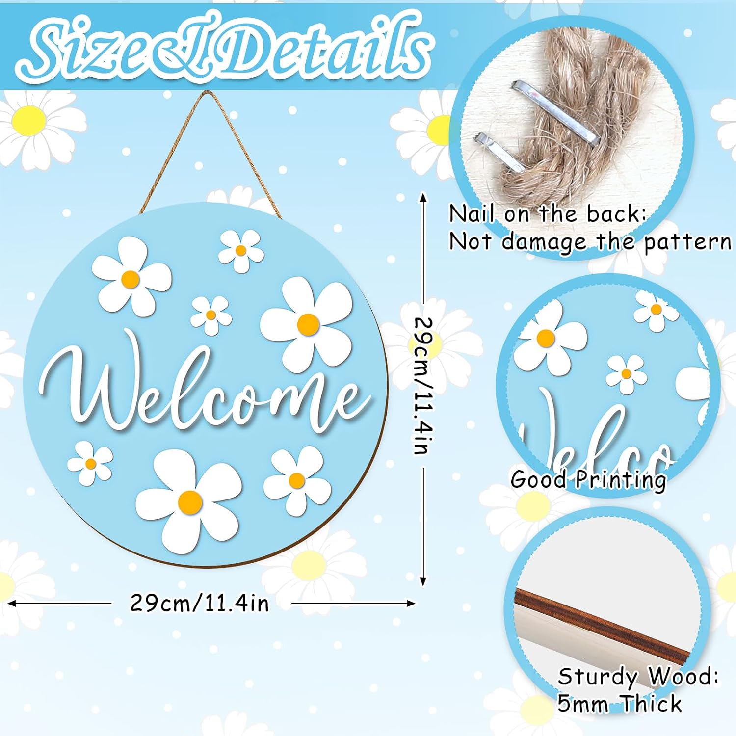 Whaline Daisy Wooden Hanging Sign Spring Summer Daisy Flower Welcome Wood Sign White Blue Door Decor Signs for Indoor Outdoor Porch Wall image 2