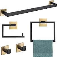 YACVCL Black & Gold 5-Piece Bathroom Towel Bar Set - 23.6" Towel Bar, TP Holder, Ring & Hooks - Rustproof SUS304 Stainless Steel Wall Mount