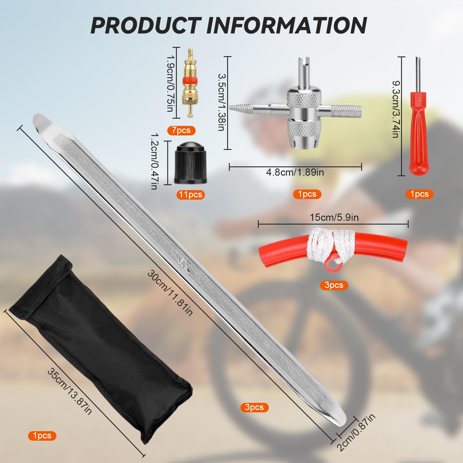 27 Pezzi Combinazione Leve per Pneumatici, 30cm / 11.8inch Ferro di Montaggio, Con 3 Protezioni per Cerchioni delle Ruote, Strumento per Montaggio Pneumatici per Motocicletta, Bicicletta, Auto