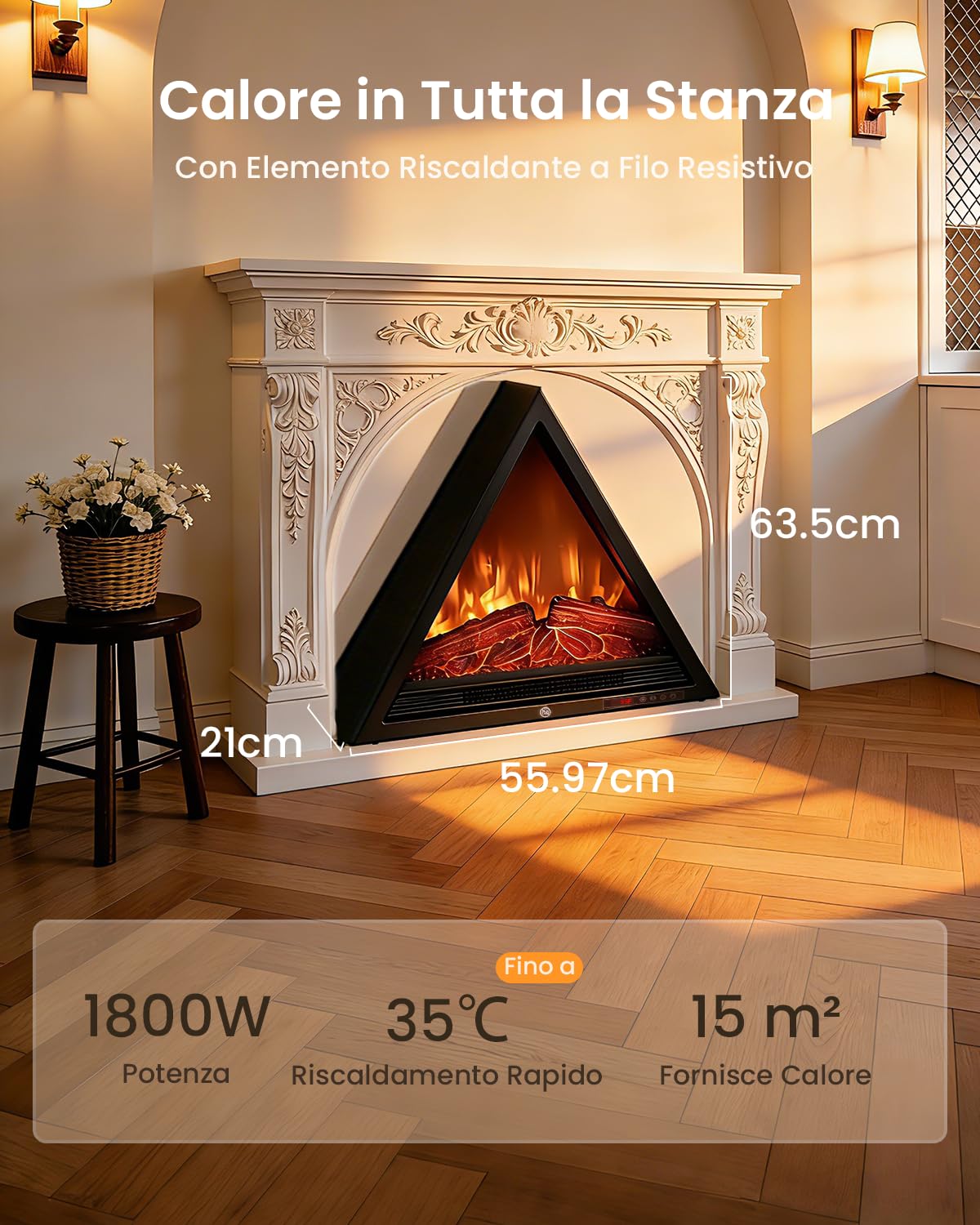 AIRMATE Camino Elettrico Triangolare, 1800W Caminetto Elettrico con Riscaldamento, Effetto Fiamma 3D, Camino Elettrico 4 colori di fiamma, Camino con telecomando, Stufa Elettrica 24H Timer