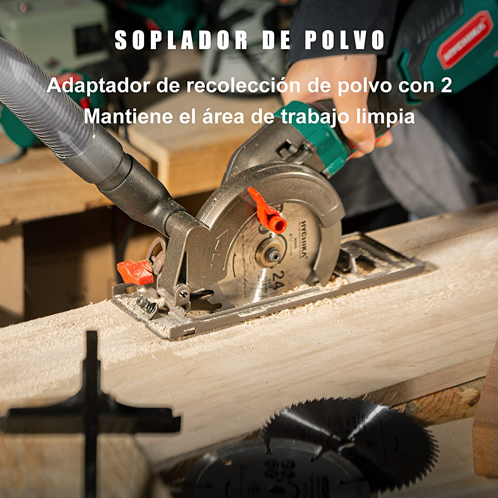 HYCHIKA Mini Sierra Circular 750W 3500RPM, Sierra Compacta de Mano con 3 Hojas (24T/60T/9T) para Madera, Metal y Azulejo, Corte Bisel 45°/90° (Profundidad Máx 48mm), Bricolaje