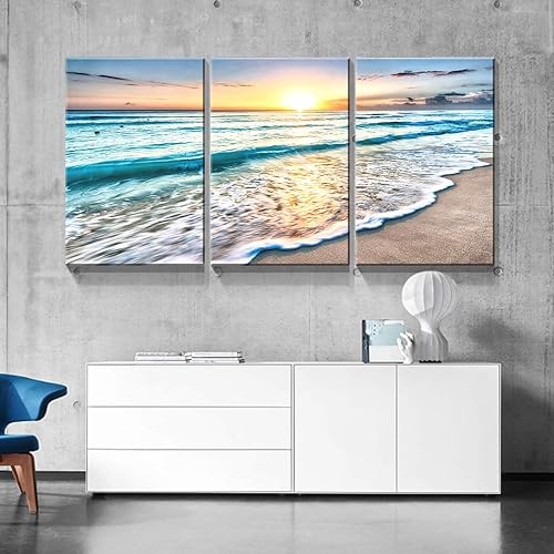 Miniatura 4 de Denozer - Lienzo decorativo de 3 paneles para decoración del hogar, mar azul, puesta de sol, blanco, playa, pintura, impresión sobre lienzo, paisaje