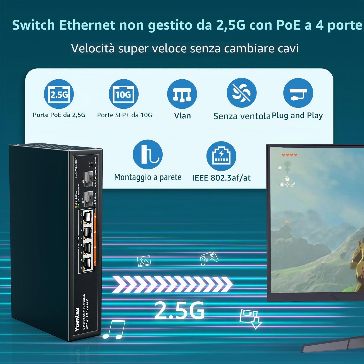 YuanLey 6 Port 2.5G PoE Switch Non Gestito, 4 Porte PoE 2.5G Base-T, 2 x 10G SFP, 802.3af/at, 78W, Compatibile con 100/1000/2500Mbps, Metallo Senza Ventola, Montaggio a Parete Switch di Rete 2.5Gbe
