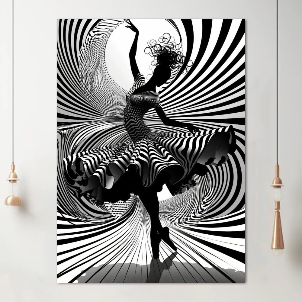 SPXLUCAU 1pc Gentle Deer Striped Abstract Dancer Canvas Wall Art - Black & White Dynamic Movement Poster for Living Room(70x90cm/with frame)