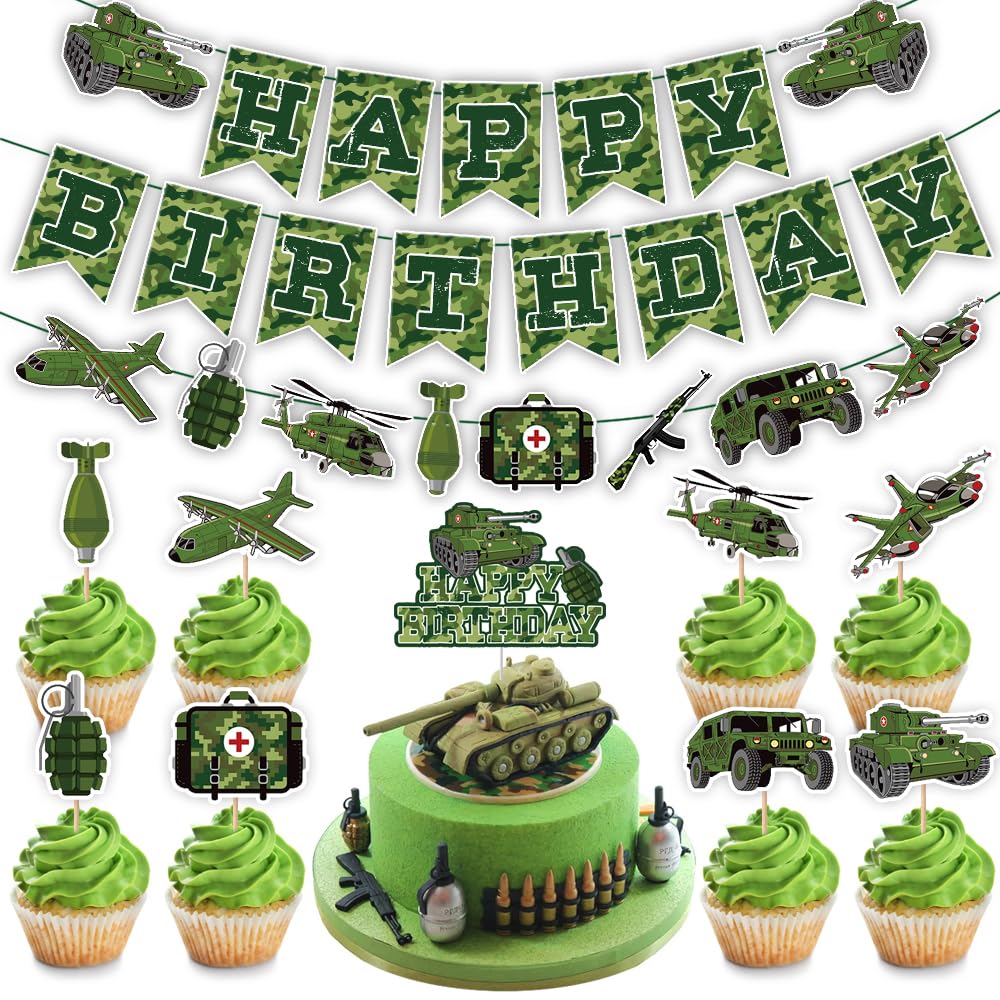Camouflage Party Supplies - Green Camo Birthday Banner, Army Soldier Military Cake Topper & Cupcake Topper