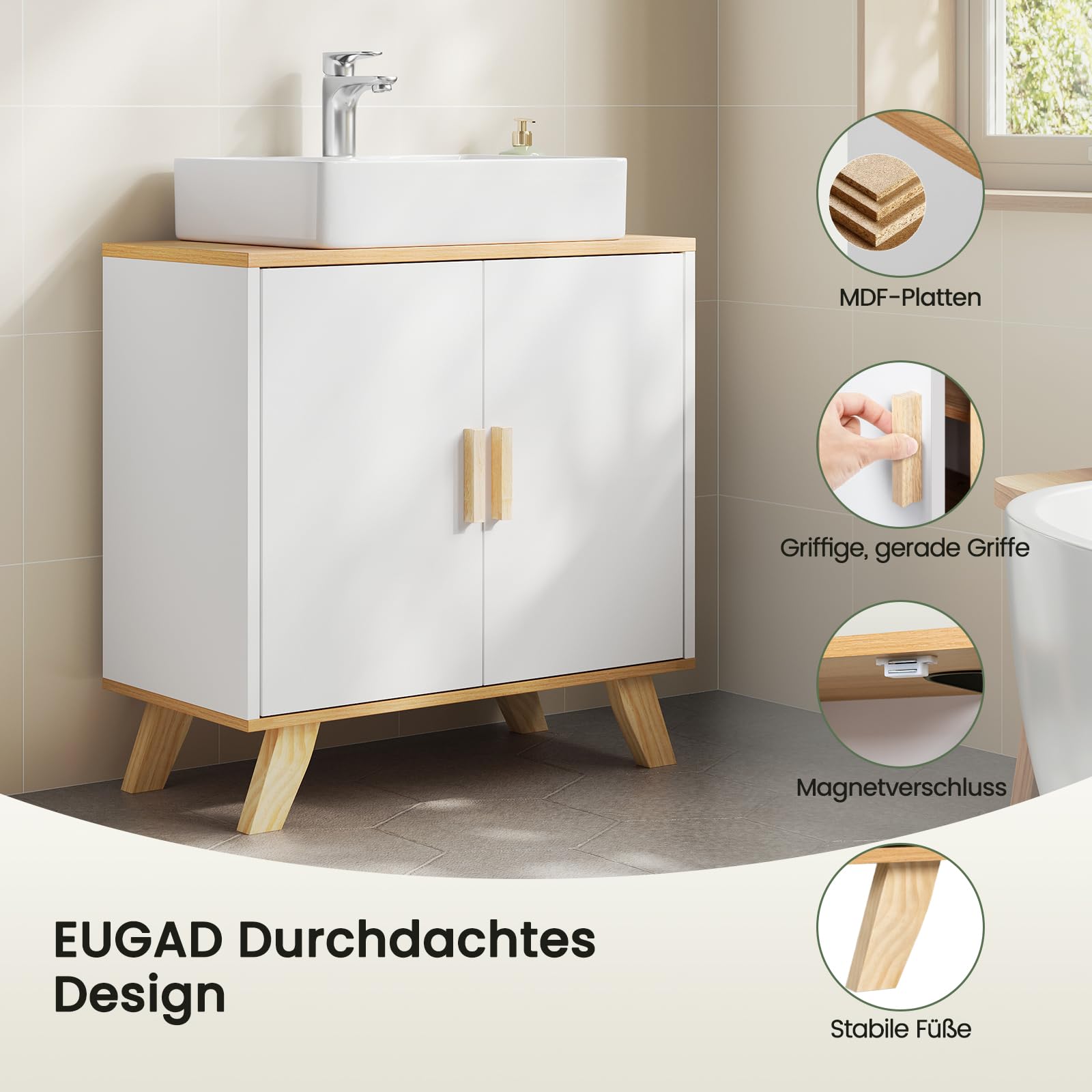 EUGAD Waschbeckenunterschrank Unterschrank Badezimmerschrank Waschtisch Badschrank mit 2 Türen 60 x 30 x 60 cm Weiß