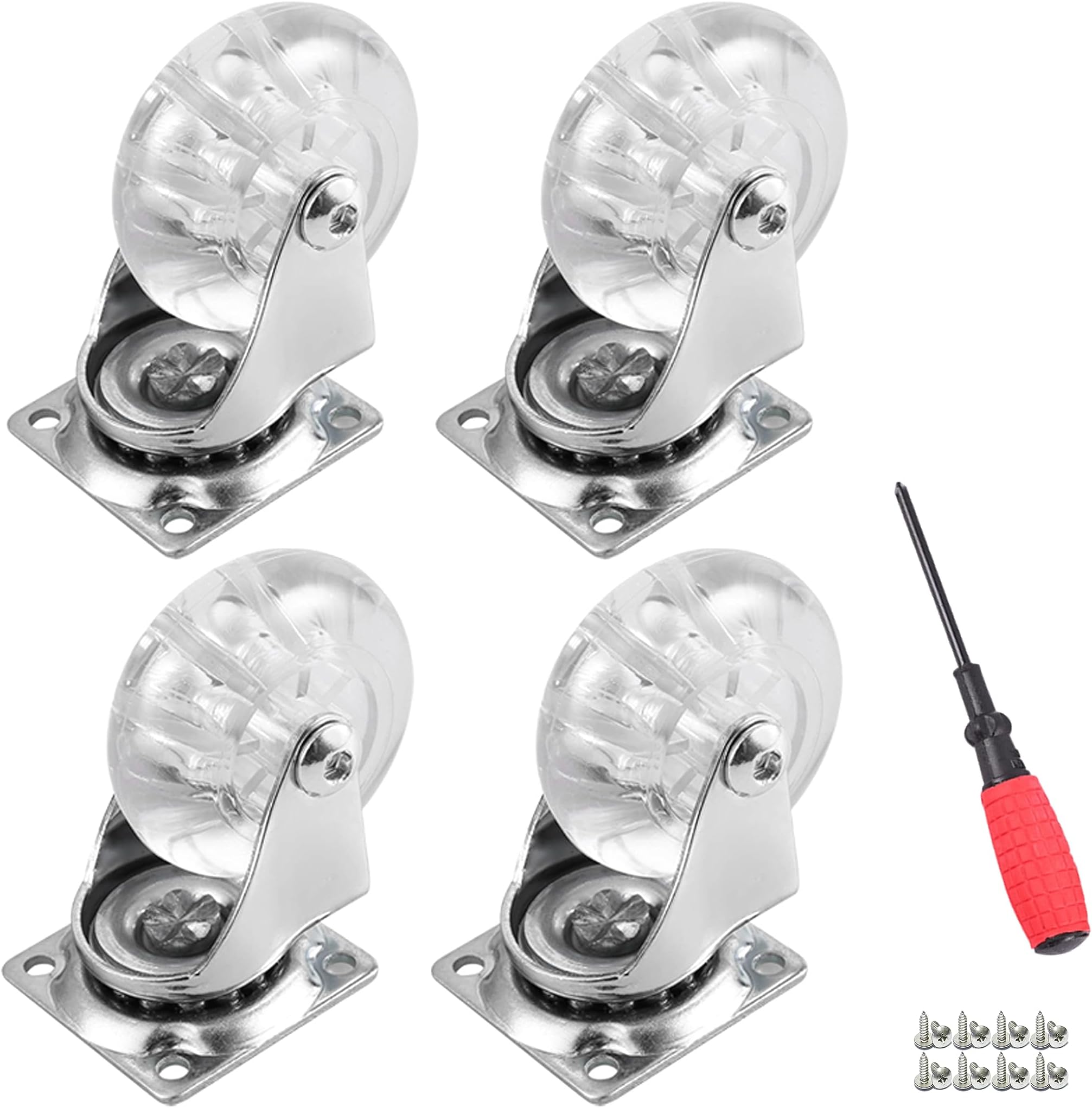 4 Pack Swivel Caster Wheels for Furniture, 2 Inch Heavy Duty Castor Wheels, Crystal Clear Polyurethane Rolling Castors with 360 Degree Plate for Cabinet,Ottoman,Bench (Not for Chair Legs)