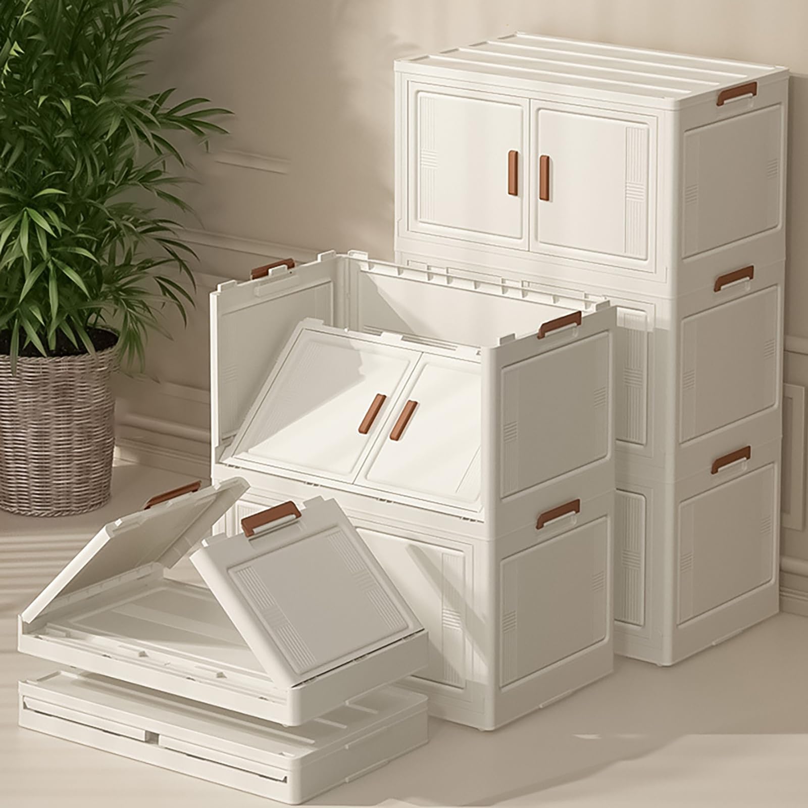 Contenitori impilabili a 3 ripiani in plastica con coperchio, pieghevoli, per casa, ufficio, dormitorio, bianco