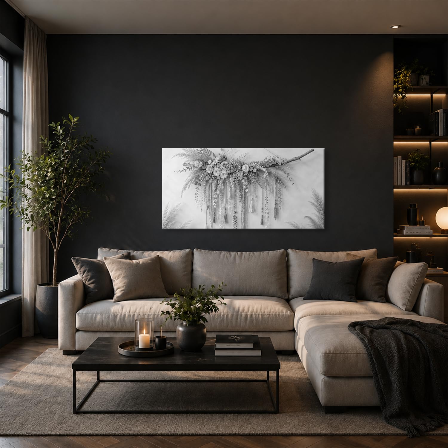 Leinwandbild Trockenblumen und Quasten an einem Ast 120x60cm Schwarz&Weiß