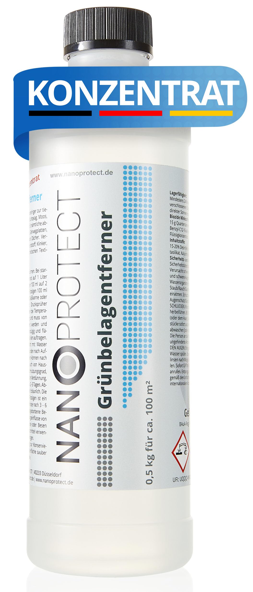 Nanoprotect Grünbelagentferner Konzentrat | 0,5 kg für 100 m² | Algenentferner und Fassadenreiniger | Kein Hochdruckreiniger nötig | Ideal für Pflastersteine und Gehwege
