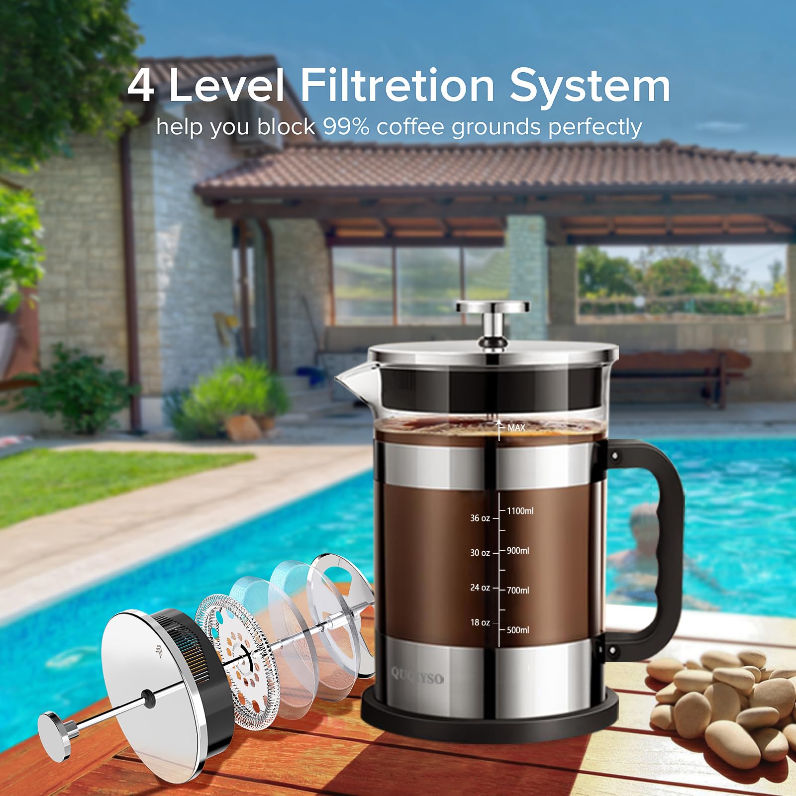 QUQIYSO Cafetera de prensa francesa de acero inoxidable 304 de 50 onzas con 4 filtros, resistente al calor, duradera, fácil de limpiar, prensa de café de vidrio de borosilicato, plateado