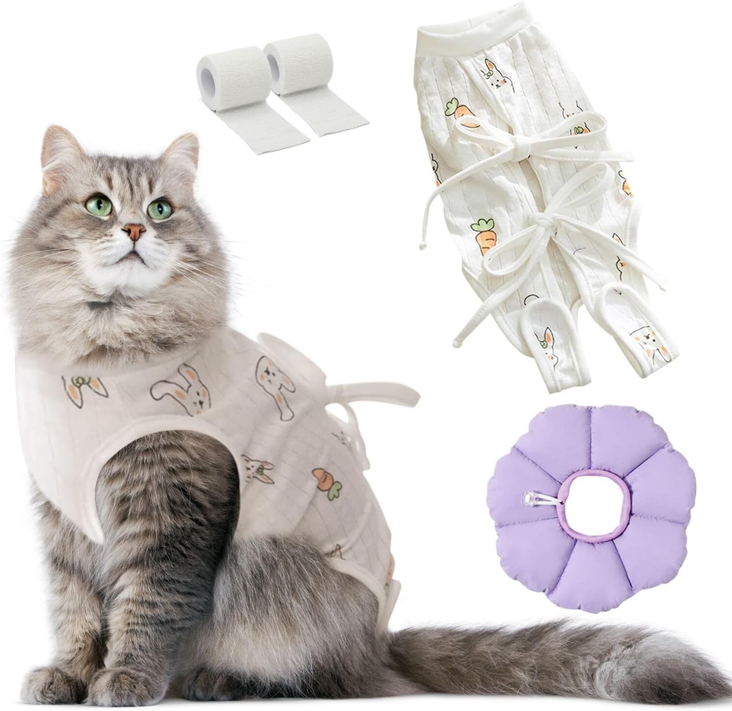 Cat Surgery Recovery Suit, Breathable Cat Onesie for Cats After Surgery Female, Cone of Shame Alternative for Cats Anti Licking Skin Protection with Adjustable Flower Cone Collar, L(4pcs/Set)