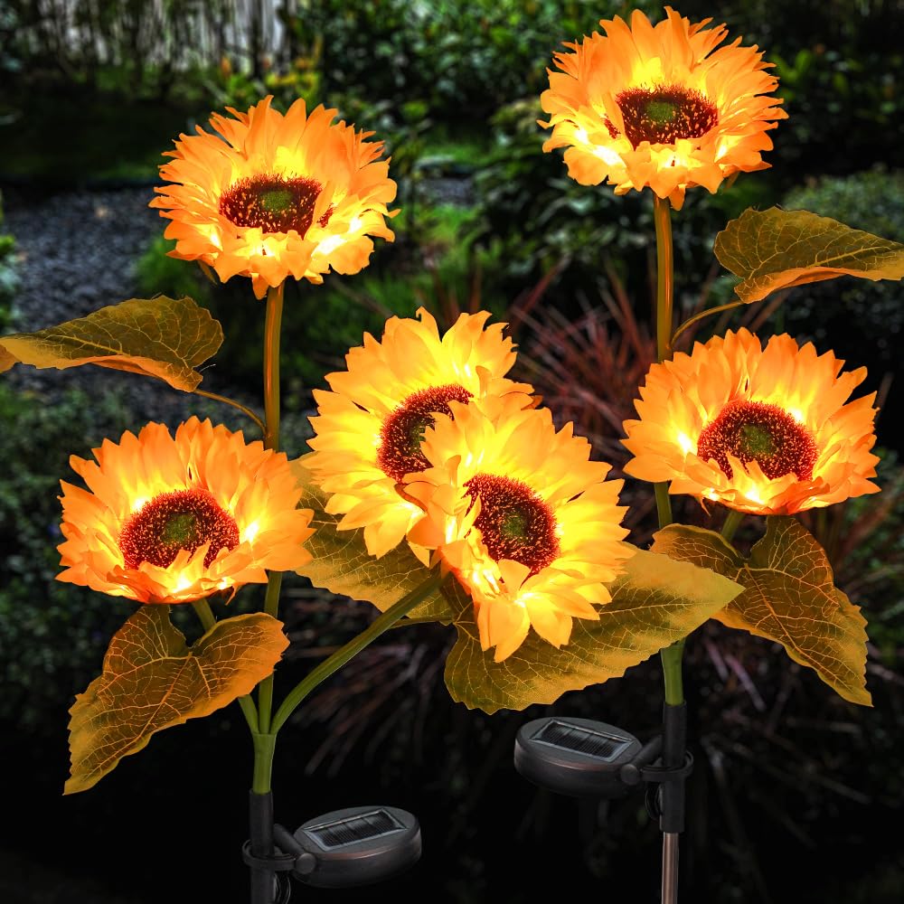 Aolyty Solar Sunflower Lights, 2Packs LED Waterproof Flower Lights Sunflower Stake Lamp Outdoor Artificial Ornaments Night Light Decoration Light for Pathway Patio Yard Party Wedding (3 Heads)