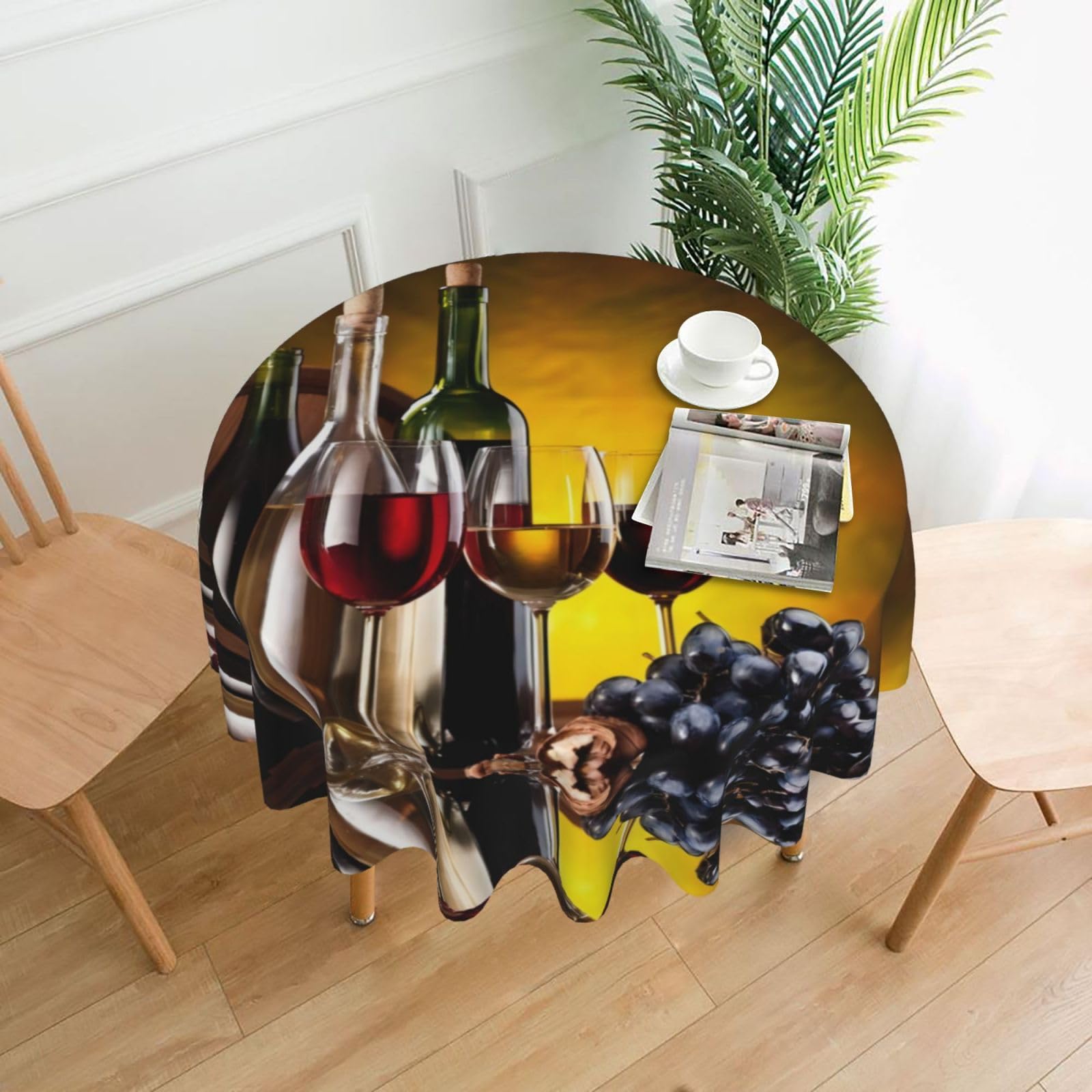 YYHWHJDE Grapes Wine Bottles And Drink Prints 60in Round Decorative Tablecloth – High-Grade Polyester Throw for Stylish Dining & Event Table Protection