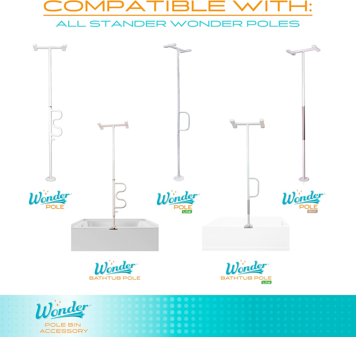 Stander Wonder Pole Bin Accessory, Storage and Organization Compartment for Stander Wonder Pole and Wonder Bathtub Pole, Bathroom Organizer and Storage Shower Caddy (White)