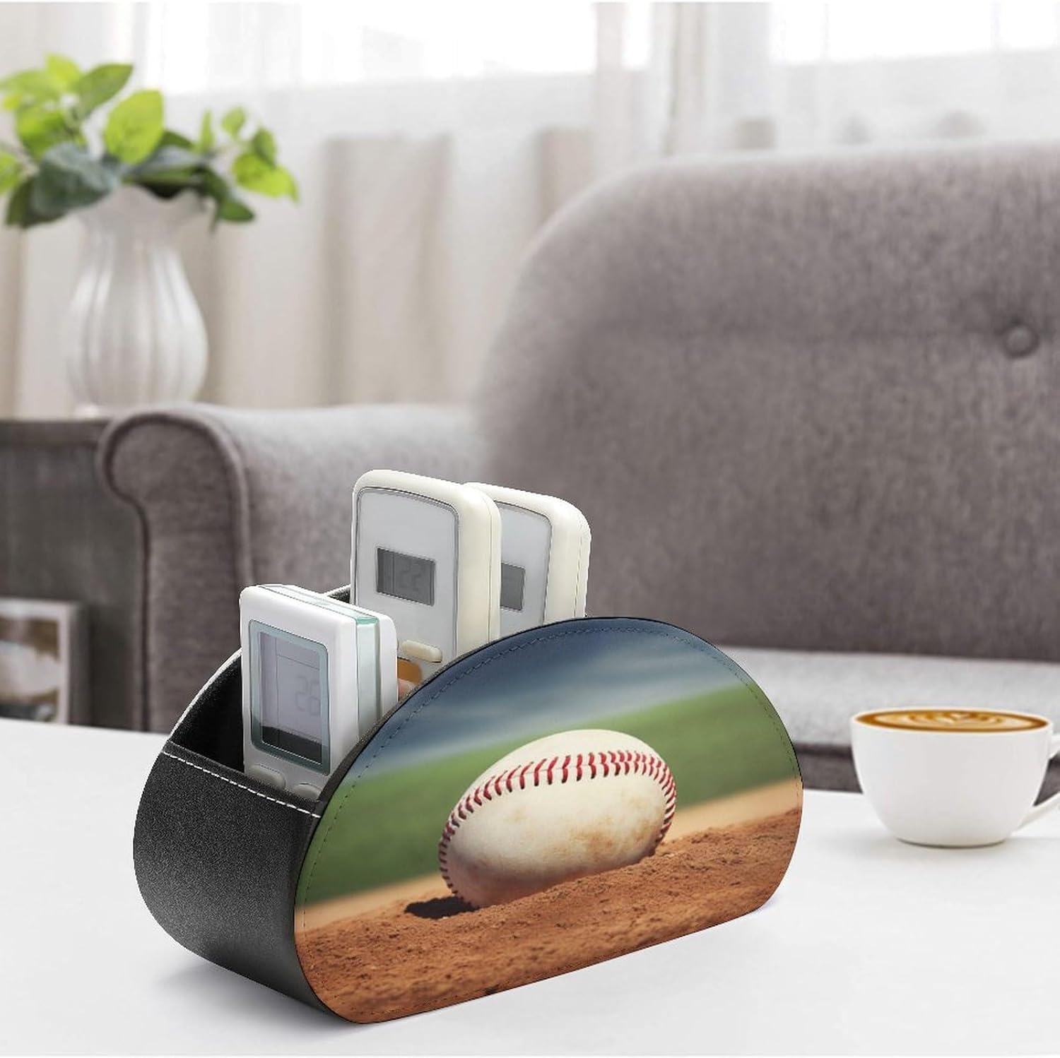 Baseball Remote Control Holders PU Leather Remote Caddy Desktop Organizer with 5 Compartments TV Remote Holder Box Tray for Bedside Table Office Desk Accessories&Gift