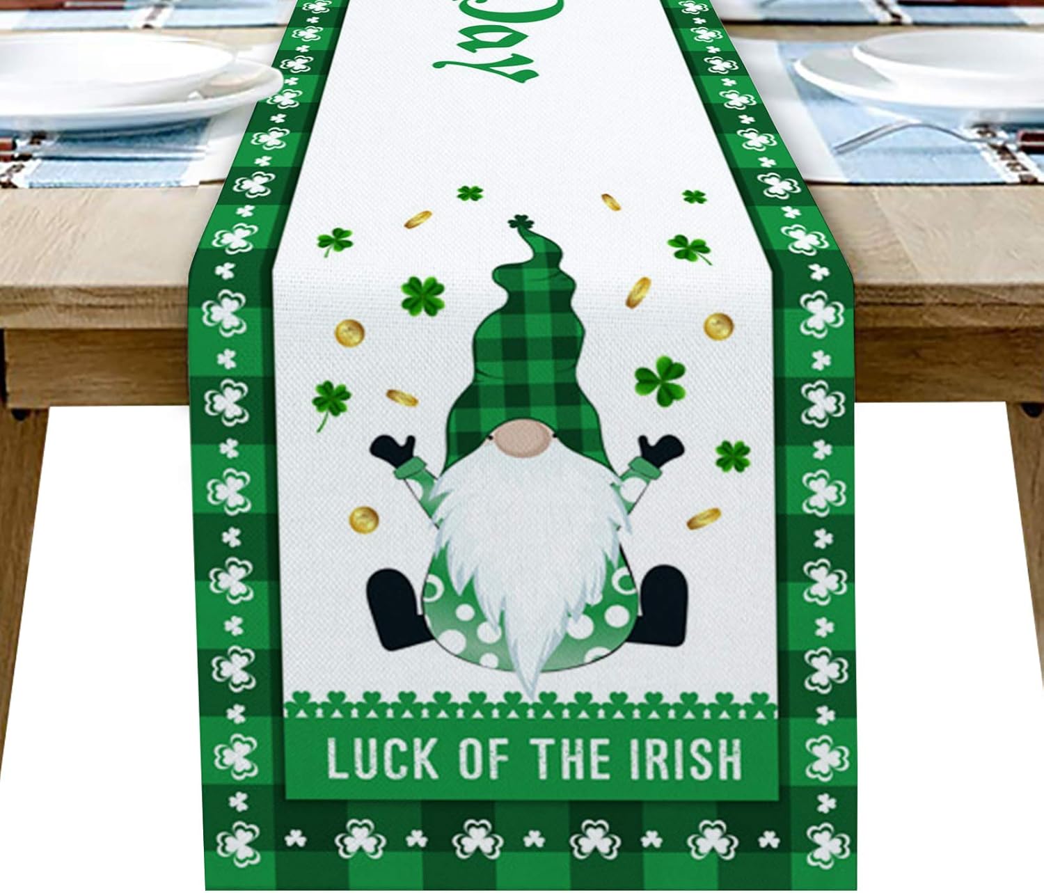 T&H XHome Dining Table Runner Dresser Scarf Linen Burlap Fabric,Happy St. Patrick's Day Gnome Lucky Shamrock Washable Table Runners 70 Inches Long for Farmhouse Home Kitchen Wedding Party Decor