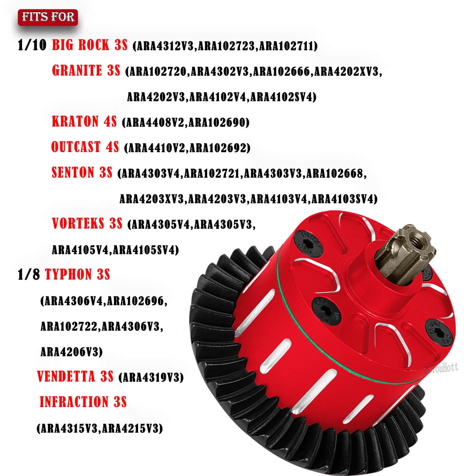 RCYouHott RC 37T 13T Full Metal Differ Set Upgrade Parts for 1/10 Kraton Outcast Senton Vorteks Bigrock Granite 3s,1/8 Infraction Typhon Vendetta 3S RC Car.Diff Gear Hops Up.Red(2PCS)
