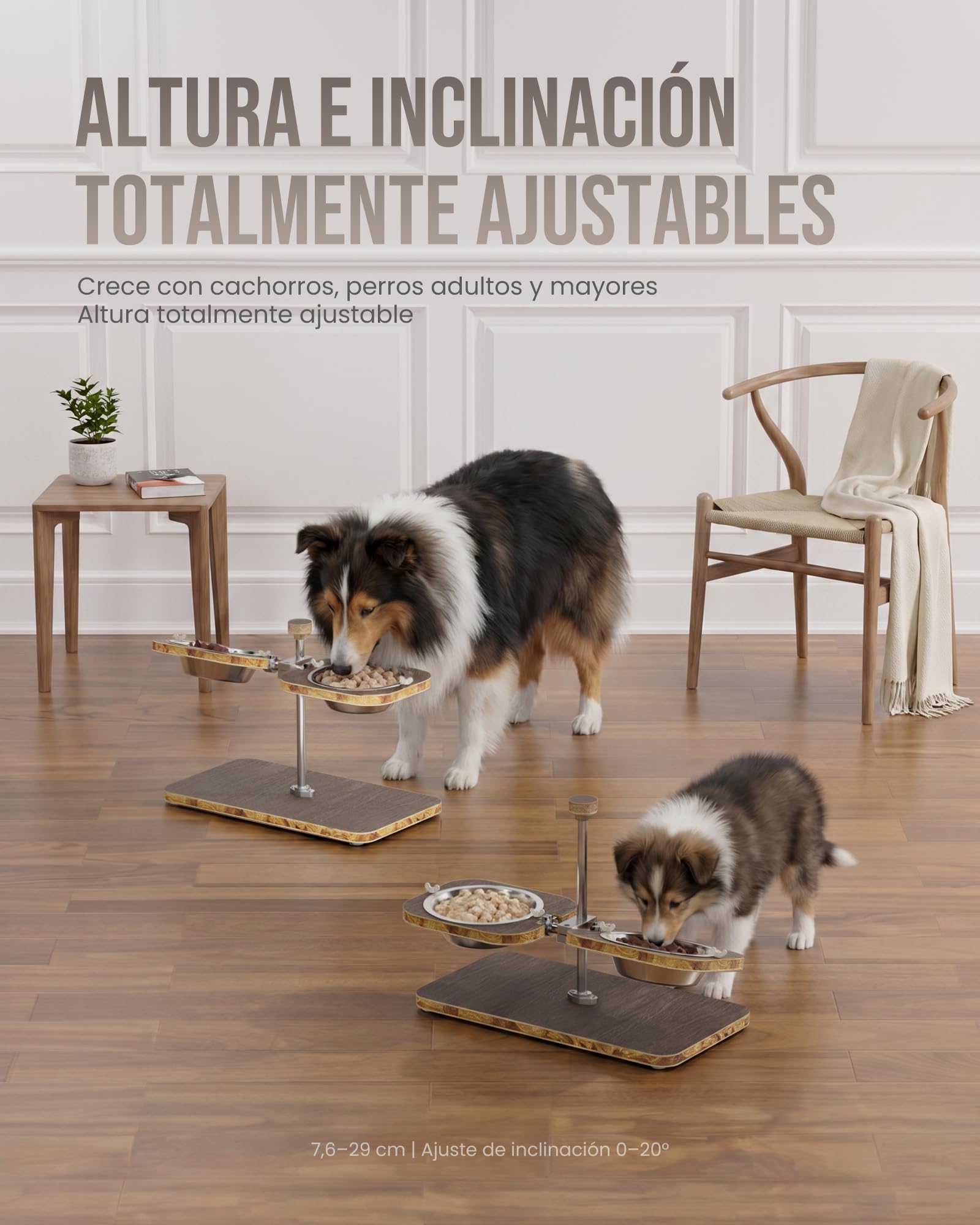 kittyspout Comedero Elevado para Perros con Altura e inclinación Ajustables | Soporte de madera FSC clase E0, 2 cuencos de acero inoxidable aptos para lavavajillas, base antideslizante