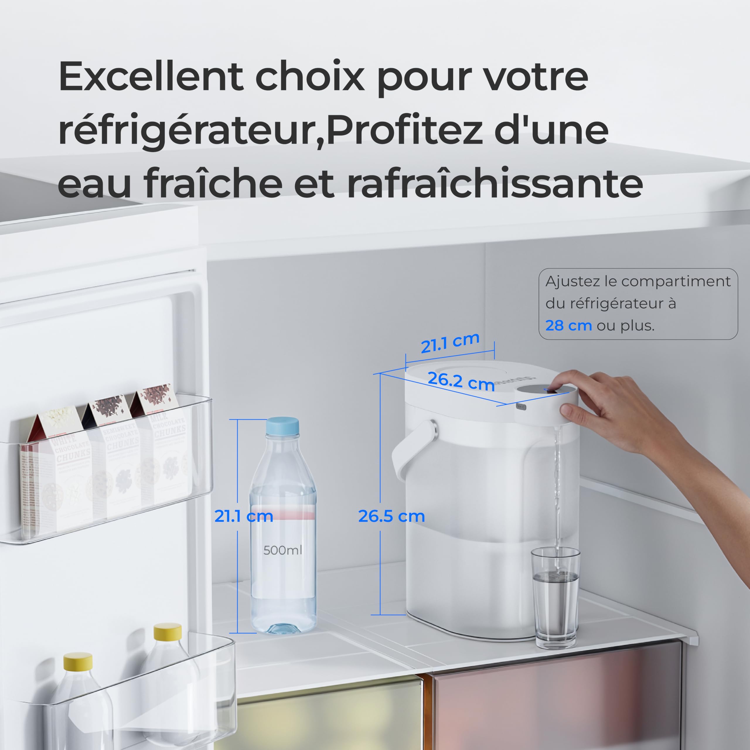 Waterdrop FreshTaste 𝐀𝐝𝐨𝐮𝐜𝐢𝐫 𝐥'𝐄𝐚𝐮 Carafe Filtrante Électrique, Distributeur de Filtre à Eau Instantané 4L pour Réfrigérateur, Réduit Chlore, Plomb, Cuivre, Purifie, Blanc (Filtre: WD-EWFS)