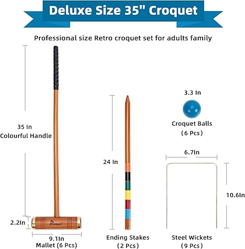 Miniatura 5 de Pointyard Juego de croquet de 35 pulgadas para seis jugadores, Deluxe [estilo retro Annatto] juego de croquet con mazos de madera/bolas