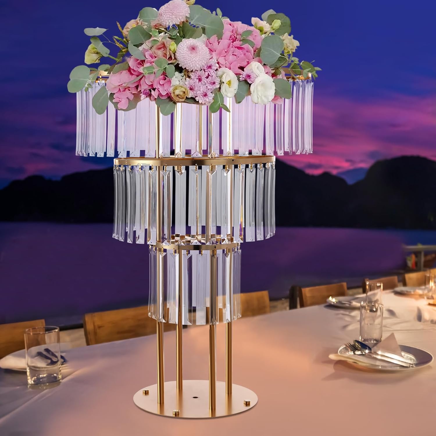 3 Tier Wedding Gold Crystal Flower Stand, Round Pedestal Stand, Crystal Flower Stand, 32.28 in Height Round Pedestal Stand Flower Stand, for Wedding T Stage Birthday Party Decoration