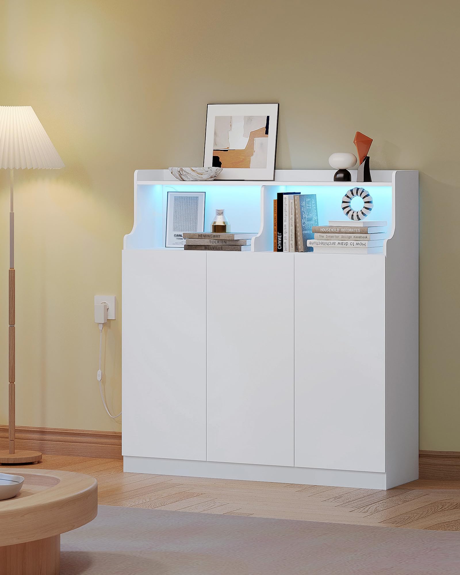 Hzuaneri Mobile Bagno, Luci LED Regolabili, 3 Anta, 2 Spazio Aperto, Ripiani Regolabili, Grande Capacità di Stoccaggio, Moderno, per Soggiorno o Bagno, Dimensioni, 30 x 100 x 107 cm, Bianco 5210003XEU