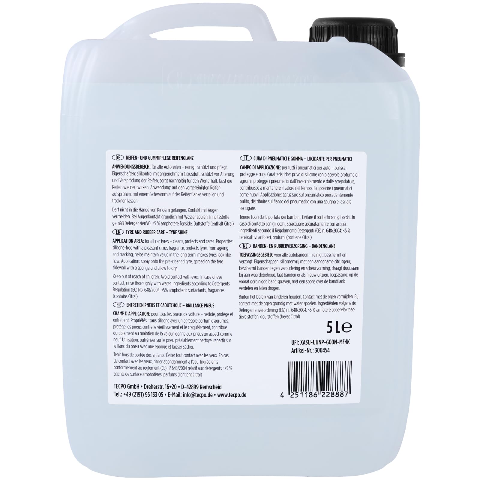 TECPO Reifenglanz Gummi-und Kunststoffpflege 20 Liter schützt, pflegt, wasserbeständig mit UV-Schutz