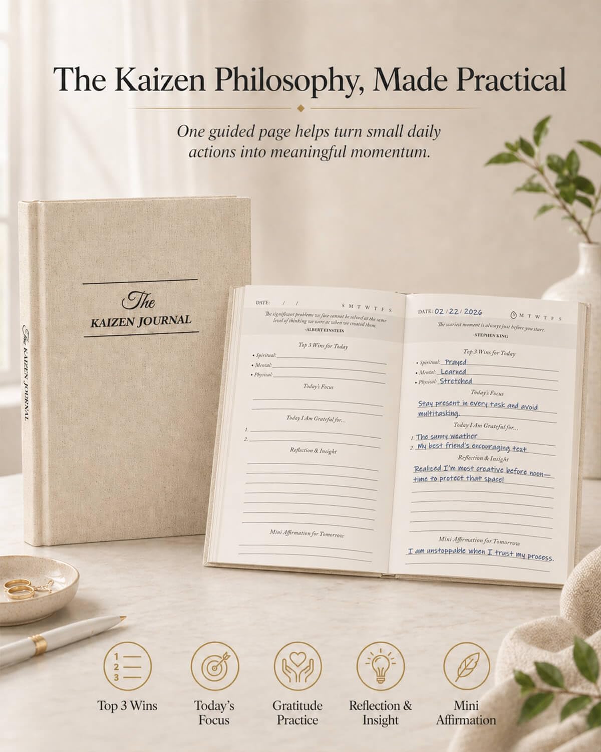 The Kaizen Journal for Self Improvement – Undated Daily Planner & Habit Tracker for Men & Women, Productivity, Focus & Mental Health – 24-Week Goal Planner with Gift-Ready Box, Two Colors (Original Linen)