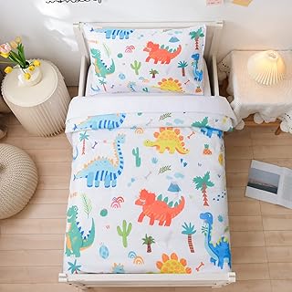 Dinosaur Theme Print Toddler Bedding Set-Kids Bedding Set 4 Piece Toddler Bed Sheet Set - Standard Size Includes Comforter, Flat Sheet, Fitted Sheet and Pillowcase for Girls and Boys