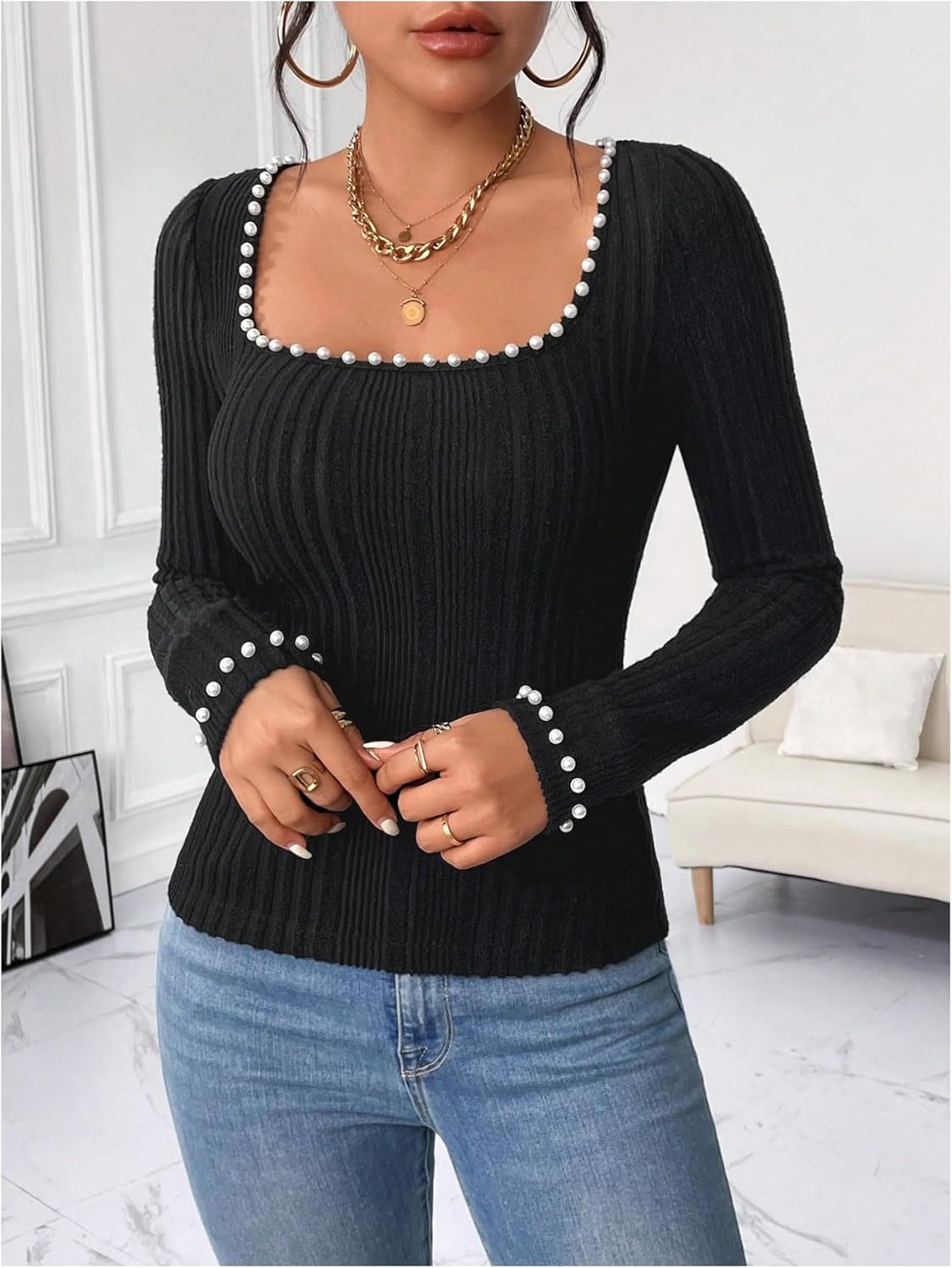 WDIRARA Women's Pearls Square Neck Long Sleeve T Shirt Rib Knit Tee Slim Fitted Top - Image 5