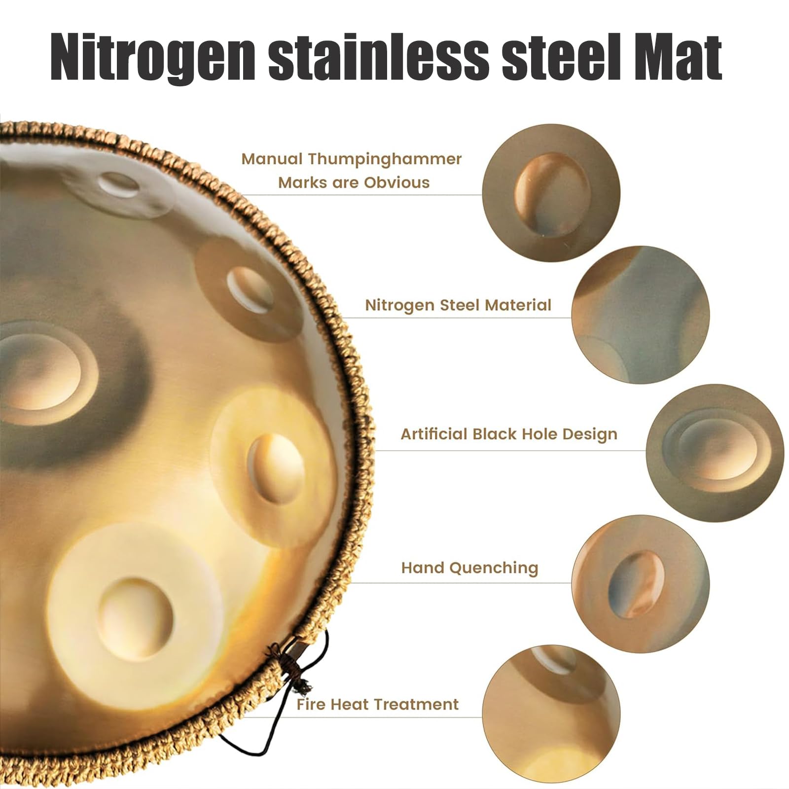 Handpan Anfänger,Stahltrommel 9 Töne 18 Zoll,Stahlzungentrommel Regen,Percussion Instrumente,Hand Drum mit Drumtasche und Handpan-Halter,Steel Drum als Geschenk für Sound Healing, Meditation, Gold