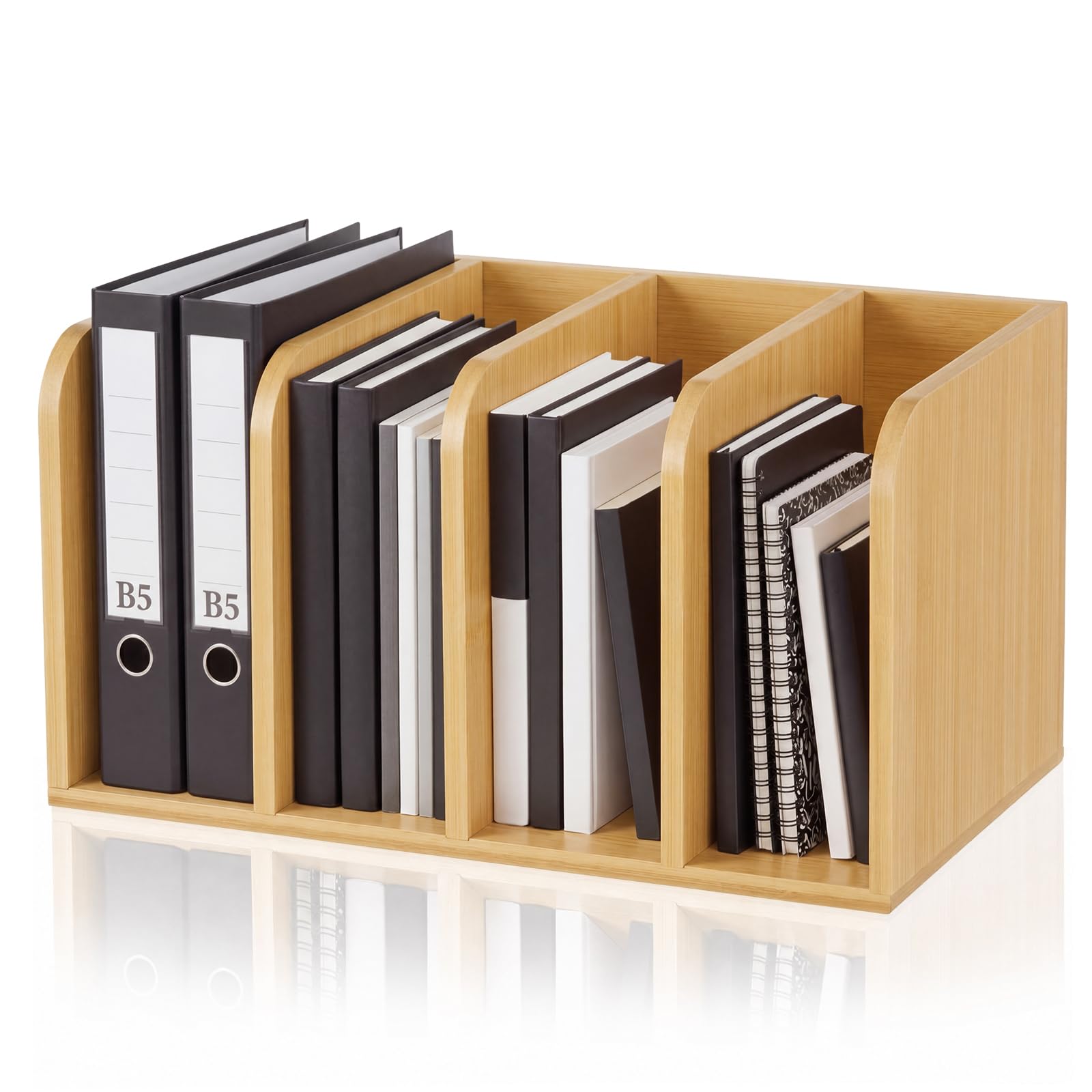Novabright Zeitschriftensammler aus Bambus mit 4 Schlitzen, Schreibtisch-Organizer, 4 vertikale Fächer, Arbeitsplatzsortierer für Zeitschriften, Ordner, Notizbücher, Umschläge