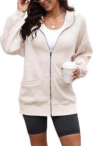Miniatura 3 de Yanekop Sudadera con capucha y cremallera para mujer, camisa de punto gofre de gran tamaño, chaqueta de pana para otoño 2025, trajes de otoño